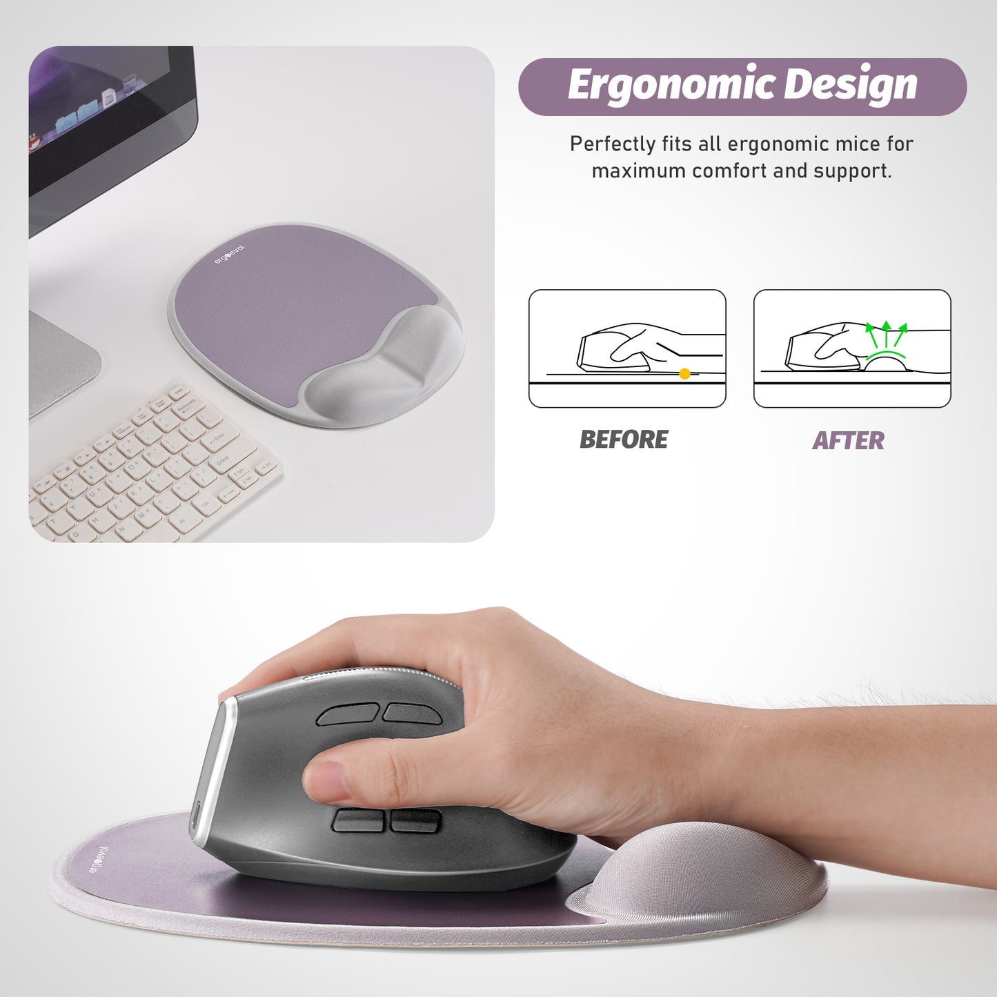 Ergoevol Ergonomic Mouse Pad with Wrist Rest for Ergonomic Vertical Mouse Memory Foam Model(White)