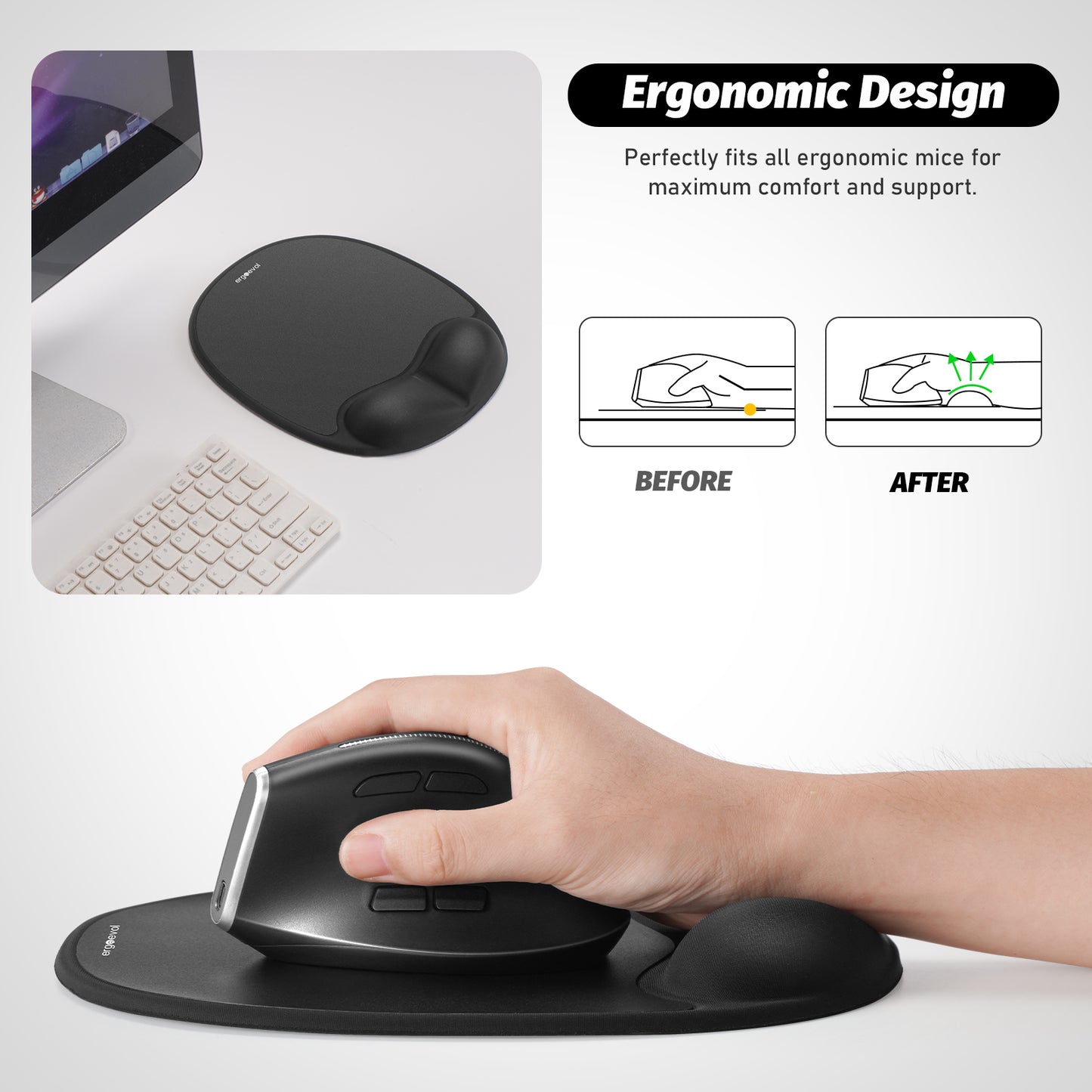 Ergoevol Ergonomic Mouse Pad with Wrist Rest for Ergonomic Vertical Mouse Memory Foam Model(Black)