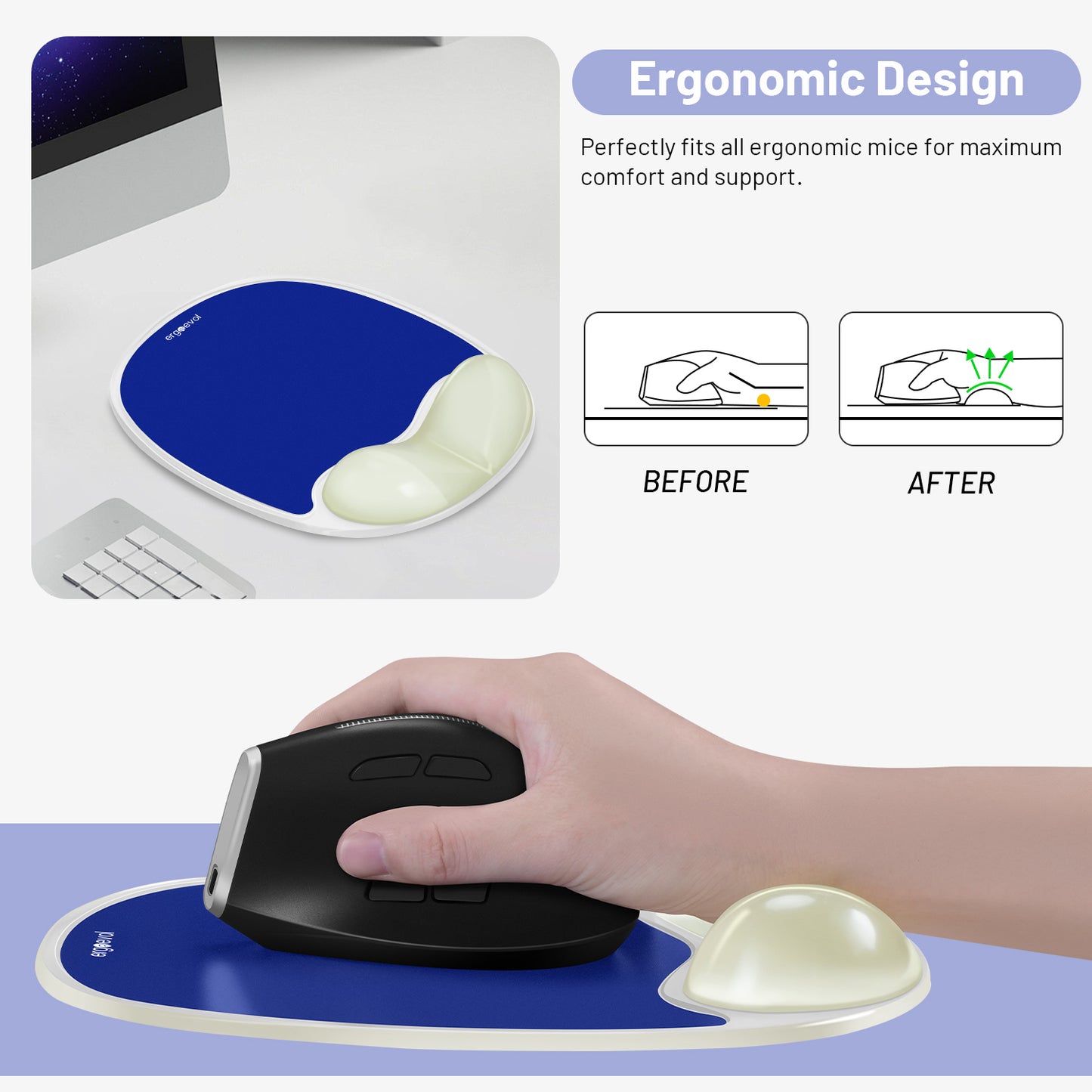 Ergoevol Ergonomic Mouse Pad with Wrist Rest for Ergonomic Vertical Mouse Silicone Model(Blue)